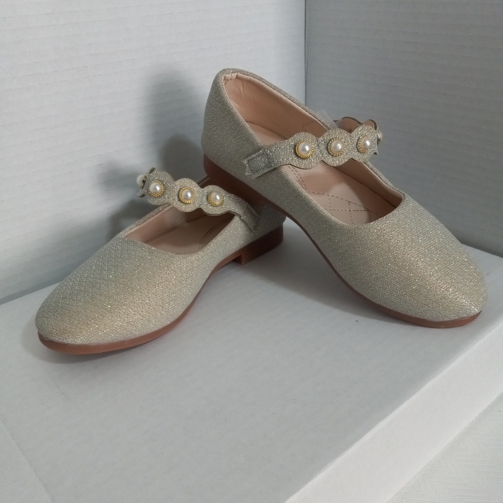 🔥Kids Fashion Brand Pearl-Embellished Gold Sparkle Formal Shoes Size 34 Girl - Picture 5 of 11